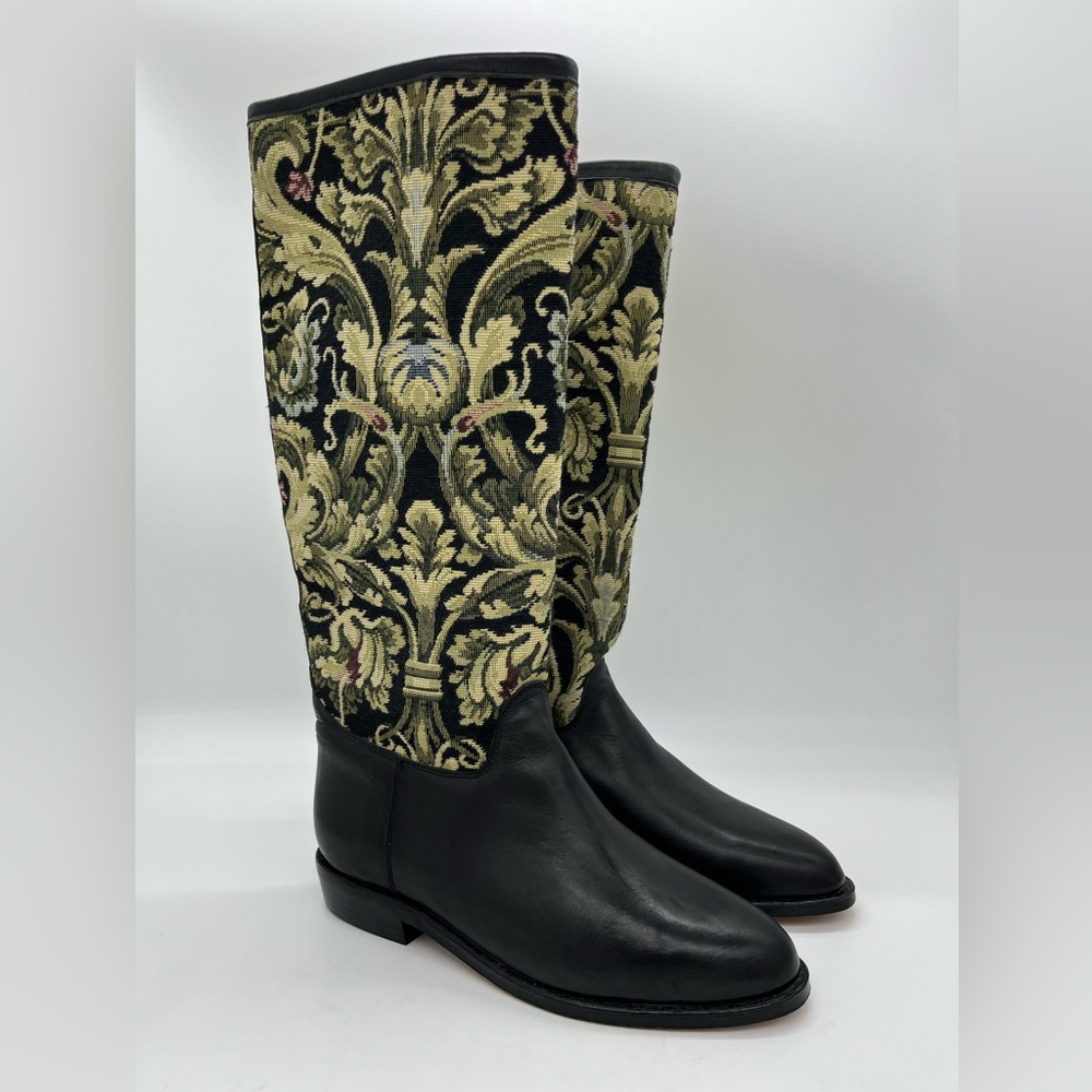 Seychelles Boots Womens Size 7.5 Black Leather Floral Tapestry Vintage 1990s